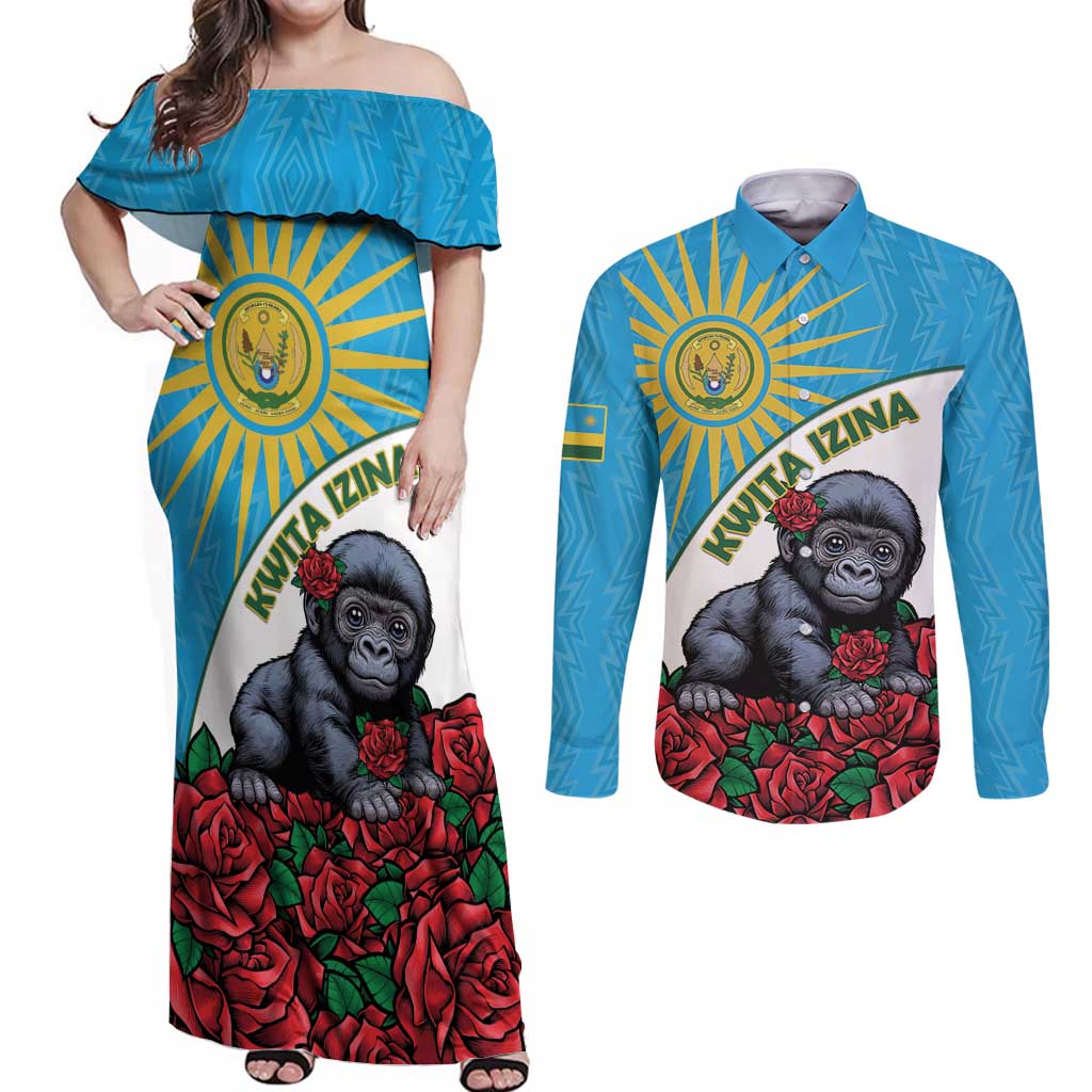 Personalized Rwanda Baby Gorilla Couples Matching Off Shoulder Maxi Dress and Long Sleeve Button Shirt Kwita Izina 2025 - Wonder Print Shop