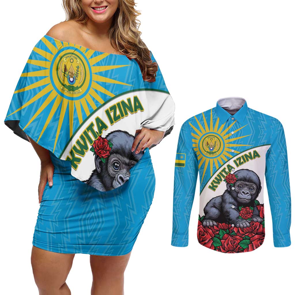 Personalized Rwanda Baby Gorilla Couples Matching Off Shoulder Short Dress and Long Sleeve Button Shirt Kwita Izina 2025 - Wonder Print Shop