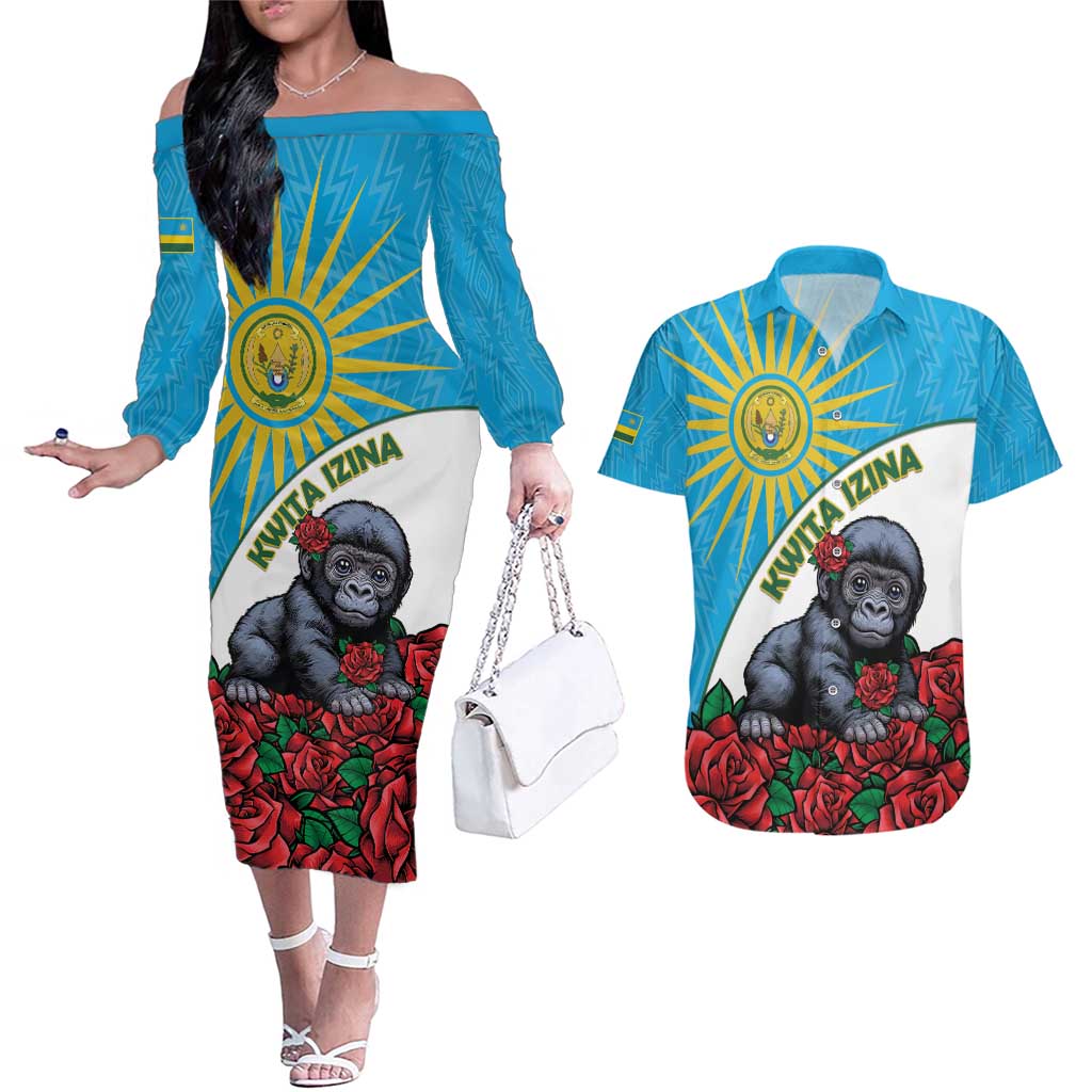 Personalized Rwanda Baby Gorilla Couples Matching Off The Shoulder Long Sleeve Dress and Hawaiian Shirt Kwita Izina 2025 - Wonder Print Shop
