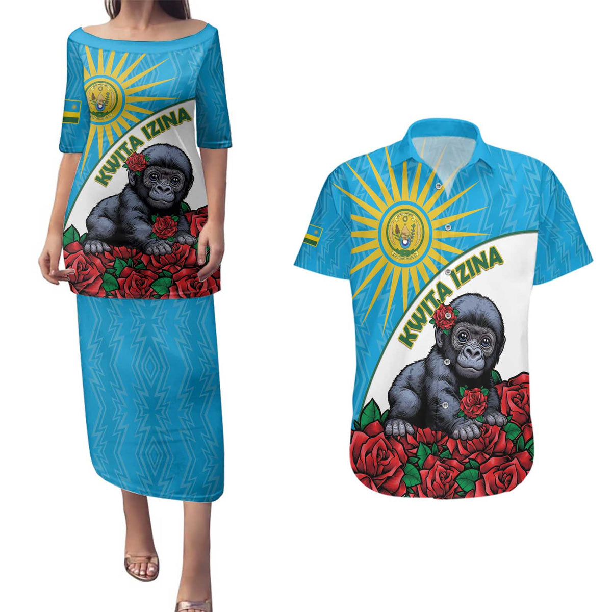 Personalized Rwanda Baby Gorilla Couples Matching Puletasi and Hawaiian Shirt Kwita Izina 2025 - Wonder Print Shop
