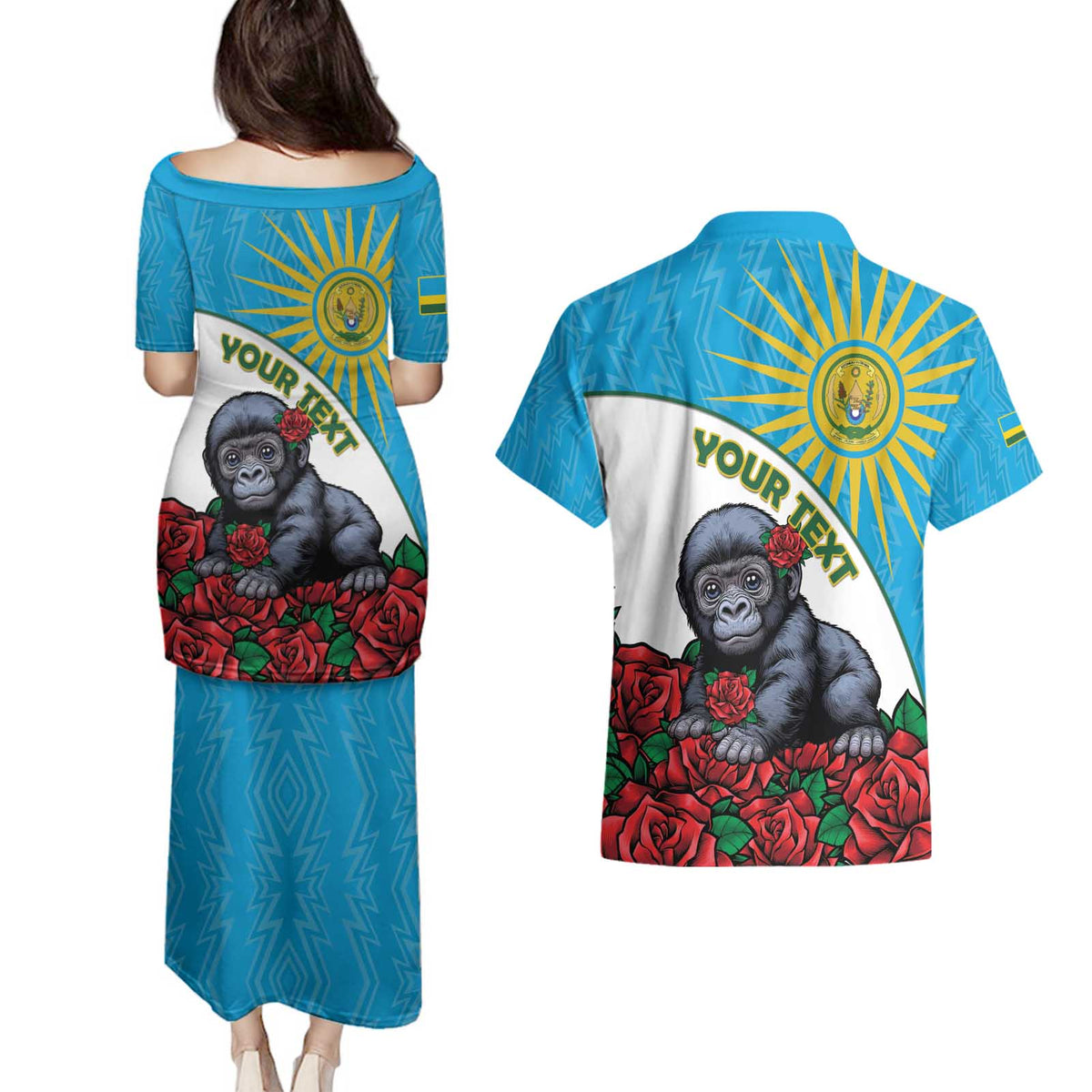 Personalized Rwanda Baby Gorilla Couples Matching Puletasi and Hawaiian Shirt Kwita Izina 2025 - Wonder Print Shop