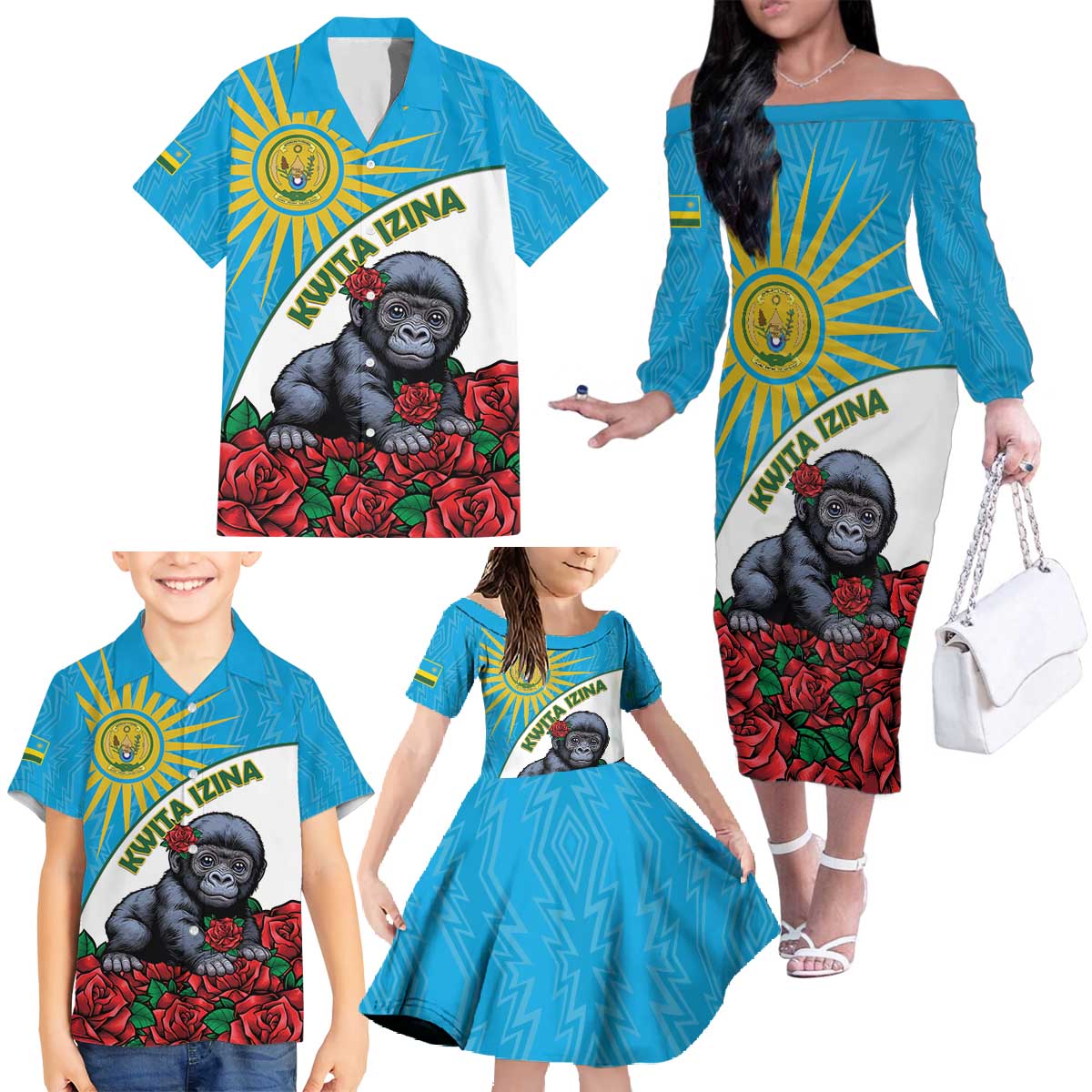 Personalized Rwanda Baby Gorilla Family Matching Off The Shoulder Long Sleeve Dress and Hawaiian Shirt Kwita Izina 2025 - Wonder Print Shop