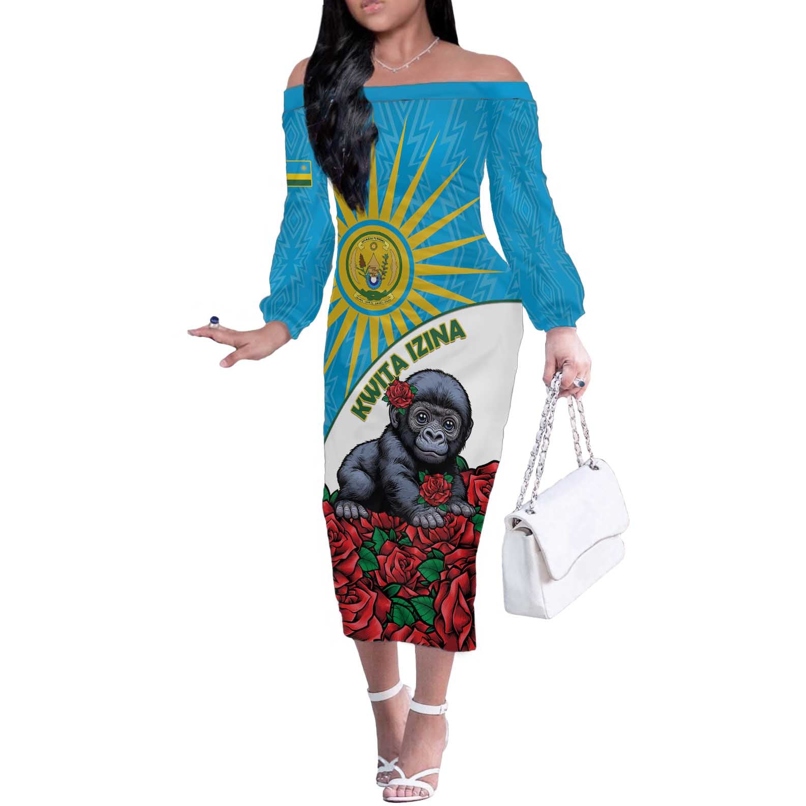Personalized Rwanda Baby Gorilla Off The Shoulder Long Sleeve Dress Kwita Izina 2025 - Wonder Print Shop