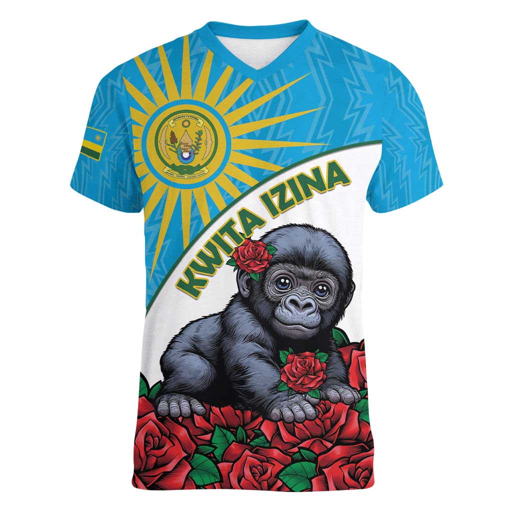 Personalized Rwanda Baby Gorilla Women V-Neck T-Shirt Kwita Izina 2025 - Wonder Print Shop