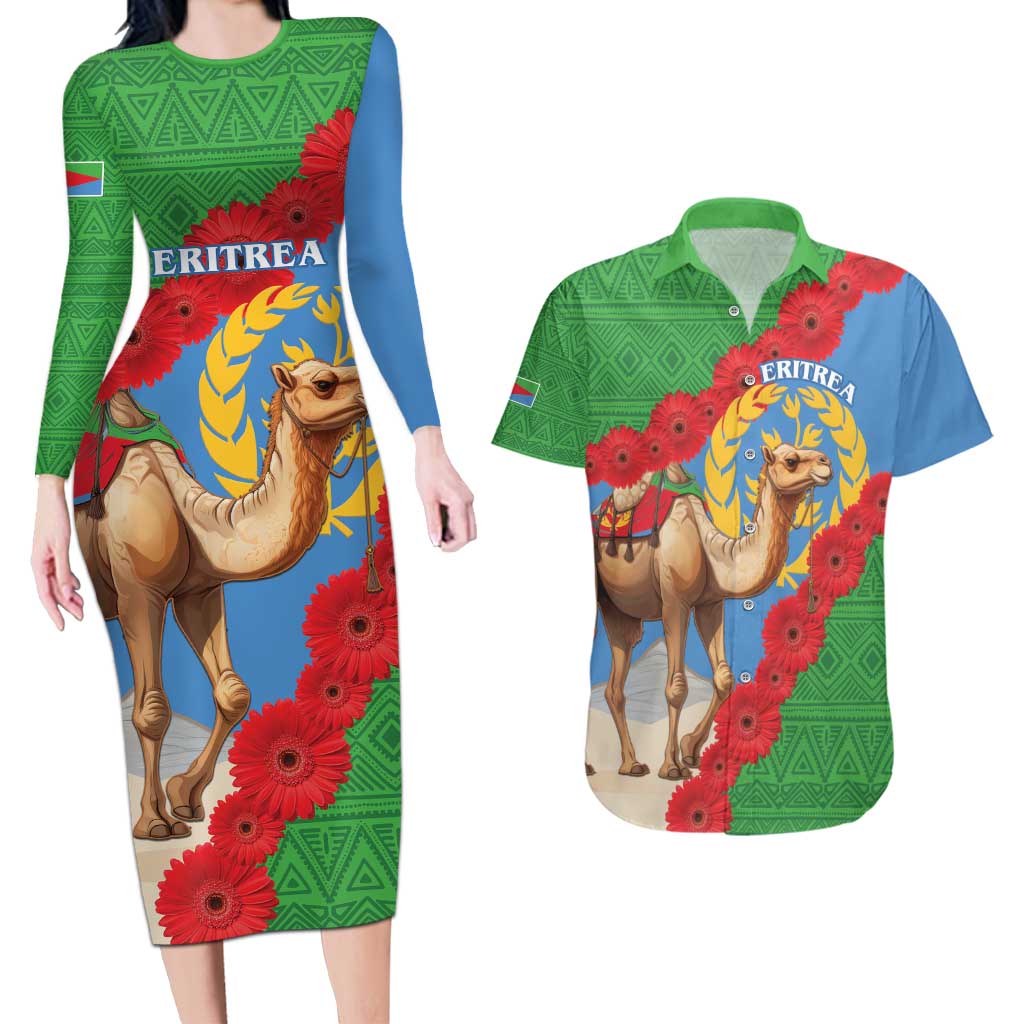 Personalised Eritrea Arabian Camel Couples Matching Long Sleeve Bodycon Dress and Hawaiian Shirt Gerbera Flower Flag Color - Wonder Print Shop