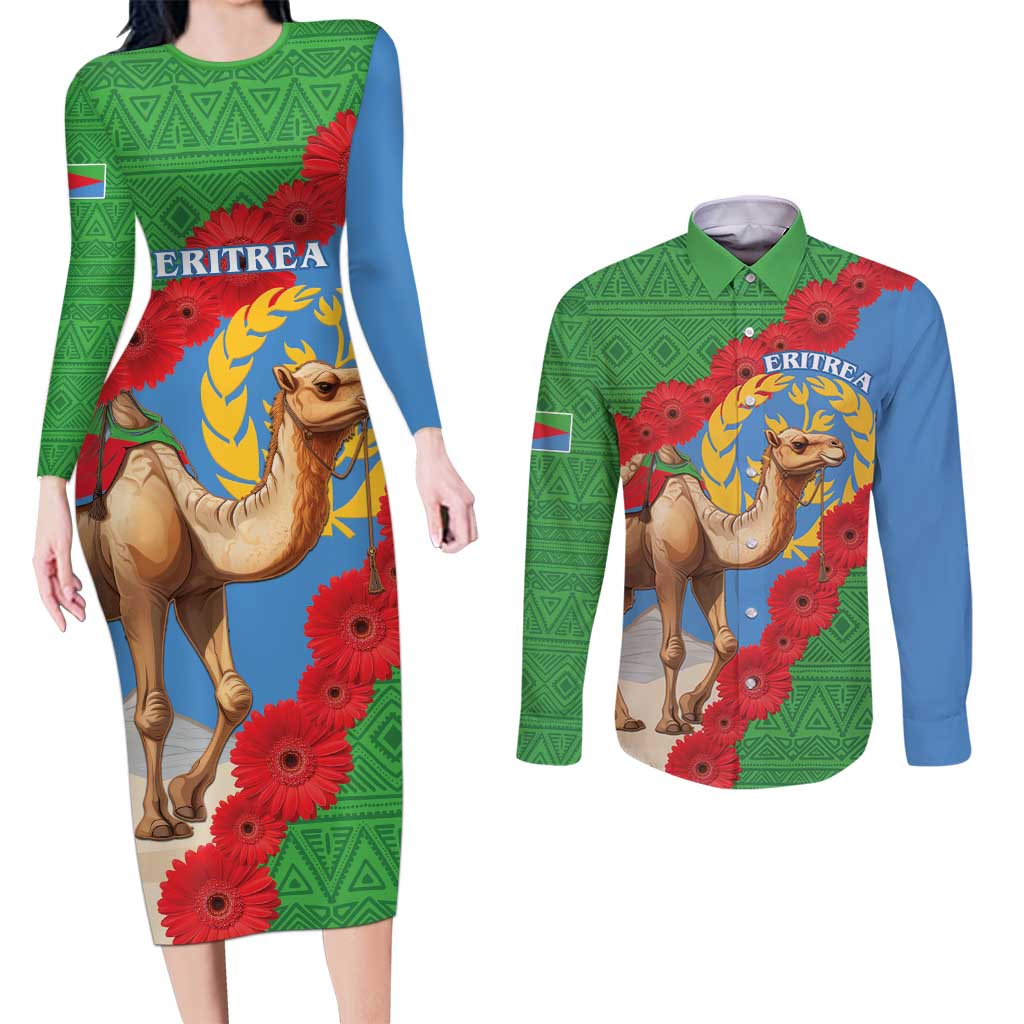 Personalised Eritrea Arabian Camel Couples Matching Long Sleeve Bodycon Dress and Long Sleeve Button Shirt Gerbera Flower Flag Color - Wonder Print Shop