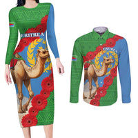 Personalised Eritrea Arabian Camel Couples Matching Long Sleeve Bodycon Dress and Long Sleeve Button Shirt Gerbera Flower Flag Color - Wonder Print Shop