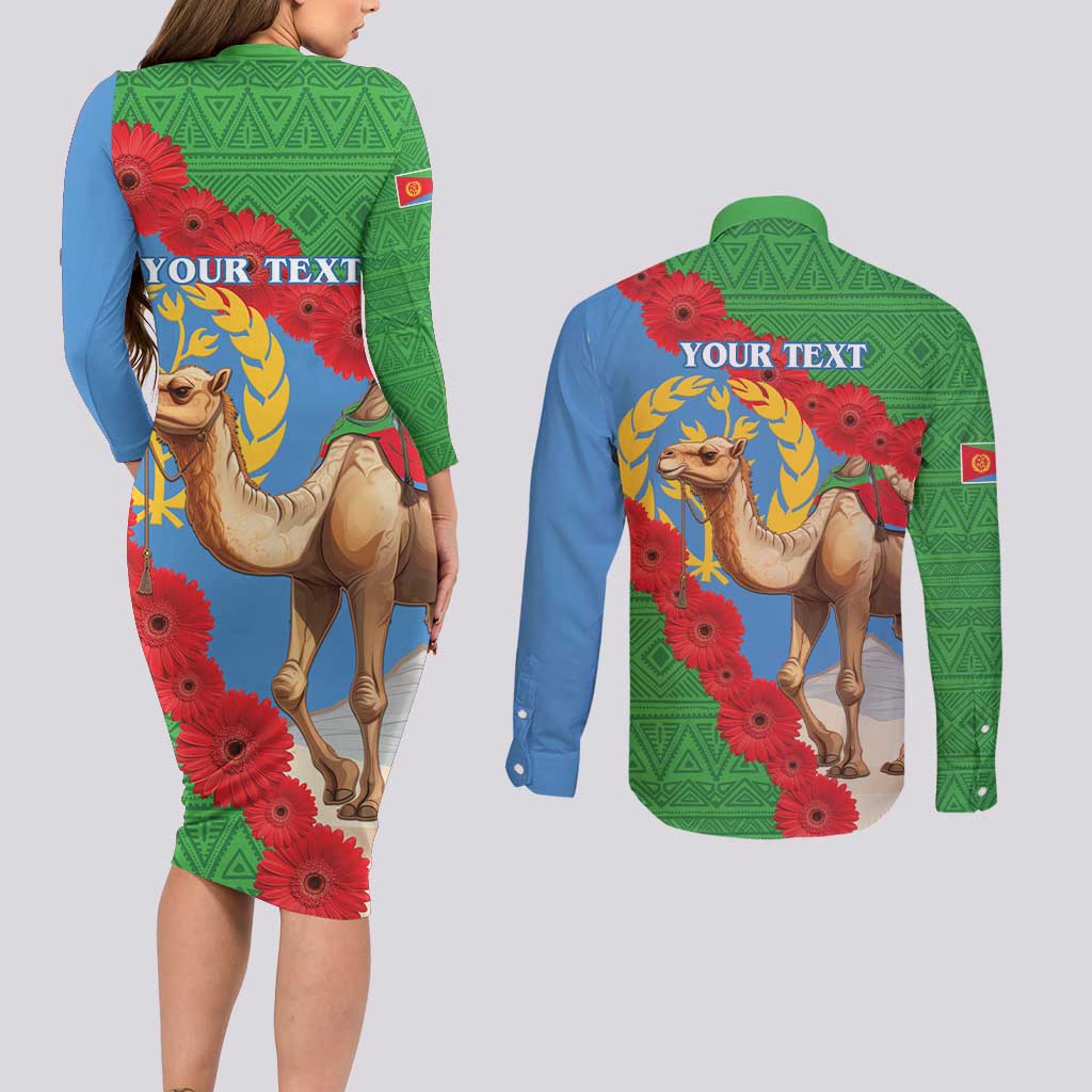 Personalised Eritrea Arabian Camel Couples Matching Long Sleeve Bodycon Dress and Long Sleeve Button Shirt Gerbera Flower Flag Color - Wonder Print Shop