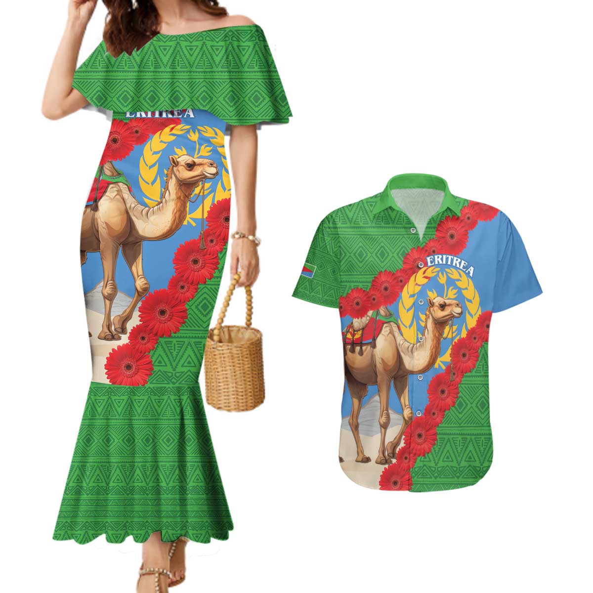 Personalised Eritrea Arabian Camel Couples Matching Mermaid Dress and Hawaiian Shirt Gerbera Flower Flag Color - Wonder Print Shop