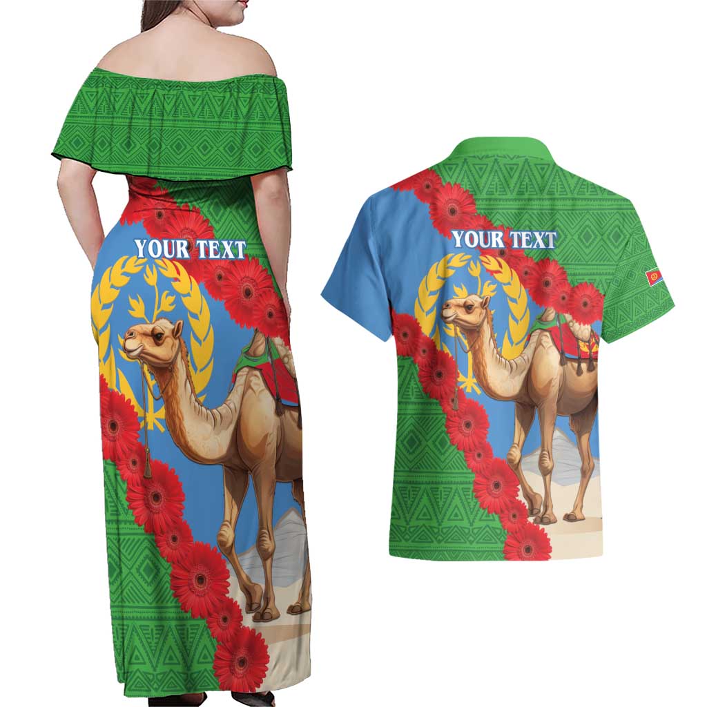 Personalised Eritrea Arabian Camel Couples Matching Off Shoulder Maxi Dress and Hawaiian Shirt Gerbera Flower Flag Color - Wonder Print Shop