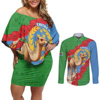 Personalised Eritrea Arabian Camel Couples Matching Off Shoulder Short Dress and Long Sleeve Button Shirt Gerbera Flower Flag Color - Wonder Print Shop