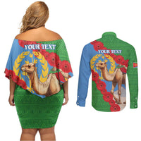 Personalised Eritrea Arabian Camel Couples Matching Off Shoulder Short Dress and Long Sleeve Button Shirt Gerbera Flower Flag Color - Wonder Print Shop
