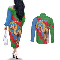 Personalised Eritrea Arabian Camel Couples Matching Off The Shoulder Long Sleeve Dress and Long Sleeve Button Shirt Gerbera Flower Flag Color