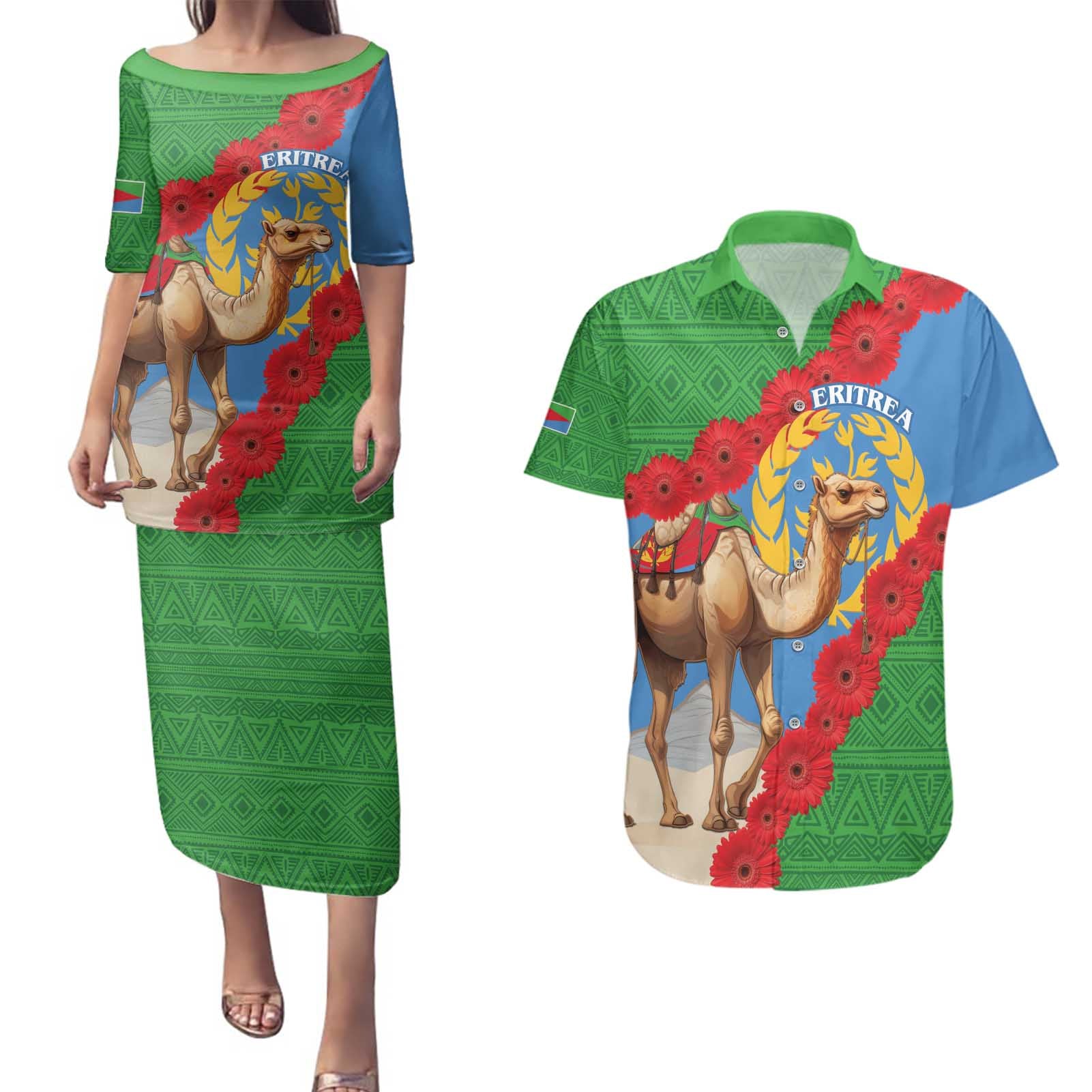 Personalised Eritrea Arabian Camel Couples Matching Puletasi and Hawaiian Shirt Gerbera Flower Flag Color - Wonder Print Shop