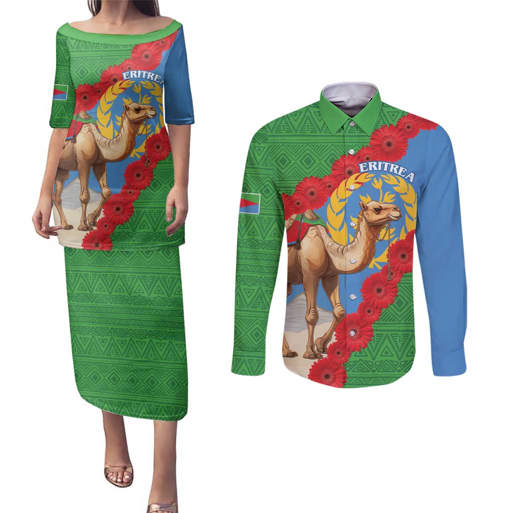 Personalised Eritrea Arabian Camel Couples Matching Puletasi and Long Sleeve Button Shirt Gerbera Flower Flag Color - Wonder Print Shop