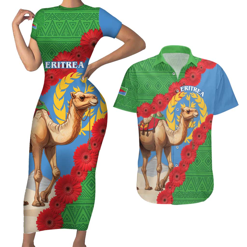 Personalised Eritrea Arabian Camel Couples Matching Short Sleeve Bodycon Dress and Hawaiian Shirt Gerbera Flower Flag Color - Wonder Print Shop