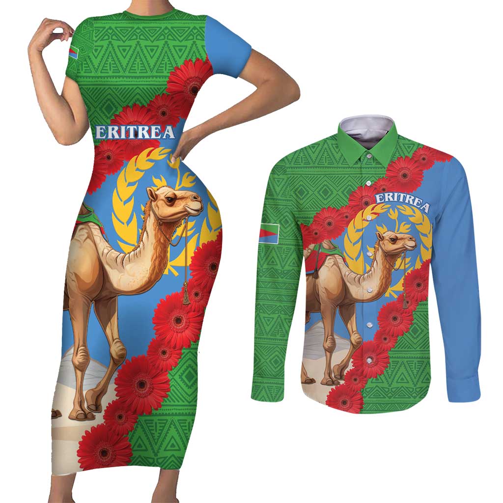 Personalised Eritrea Arabian Camel Couples Matching Short Sleeve Bodycon Dress and Long Sleeve Button Shirt Gerbera Flower Flag Color - Wonder Print Shop