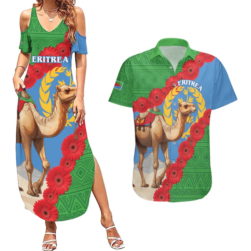 Personalised Eritrea Arabian Camel Couples Matching Summer Maxi Dress and Hawaiian Shirt Gerbera Flower Flag Color - Wonder Print Shop