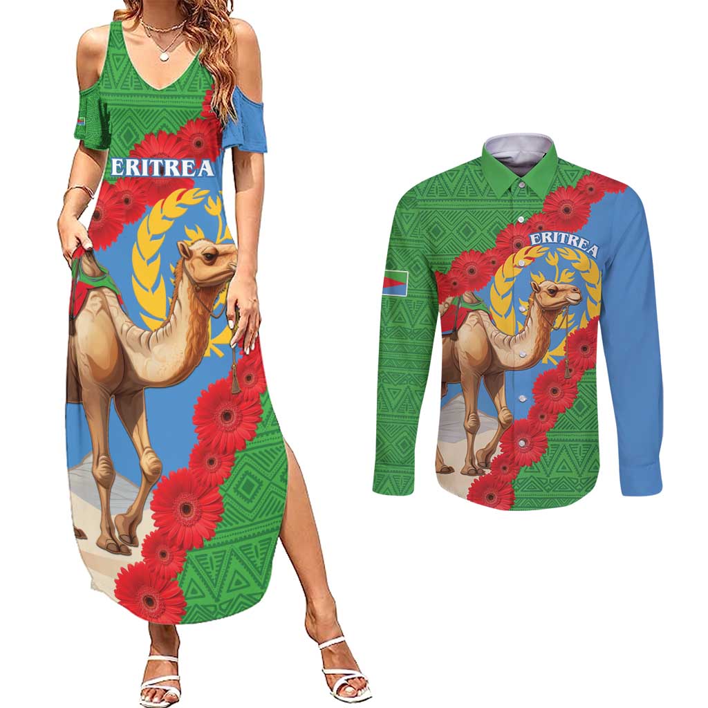 Personalised Eritrea Arabian Camel Couples Matching Summer Maxi Dress and Long Sleeve Button Shirt Gerbera Flower Flag Color - Wonder Print Shop