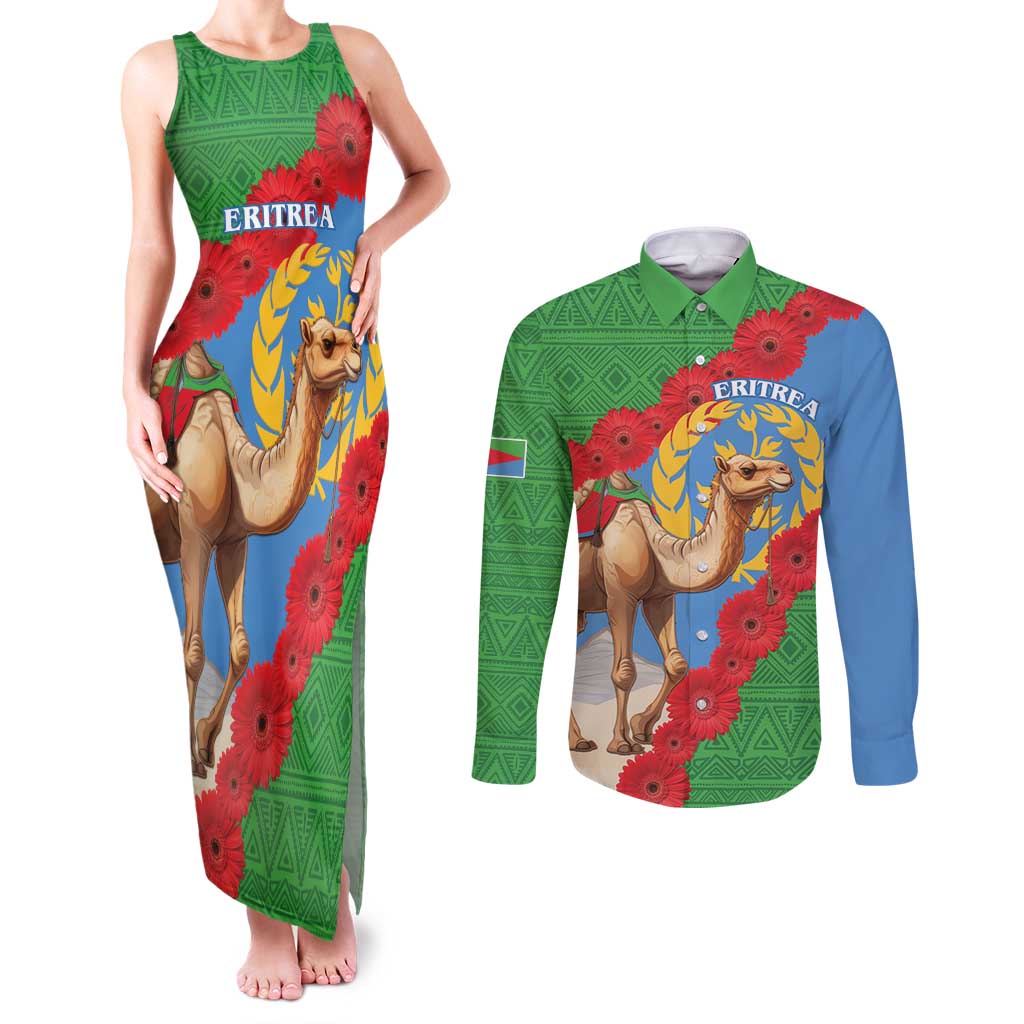 Personalised Eritrea Arabian Camel Couples Matching Tank Maxi Dress and Long Sleeve Button Shirt Gerbera Flower Flag Color - Wonder Print Shop