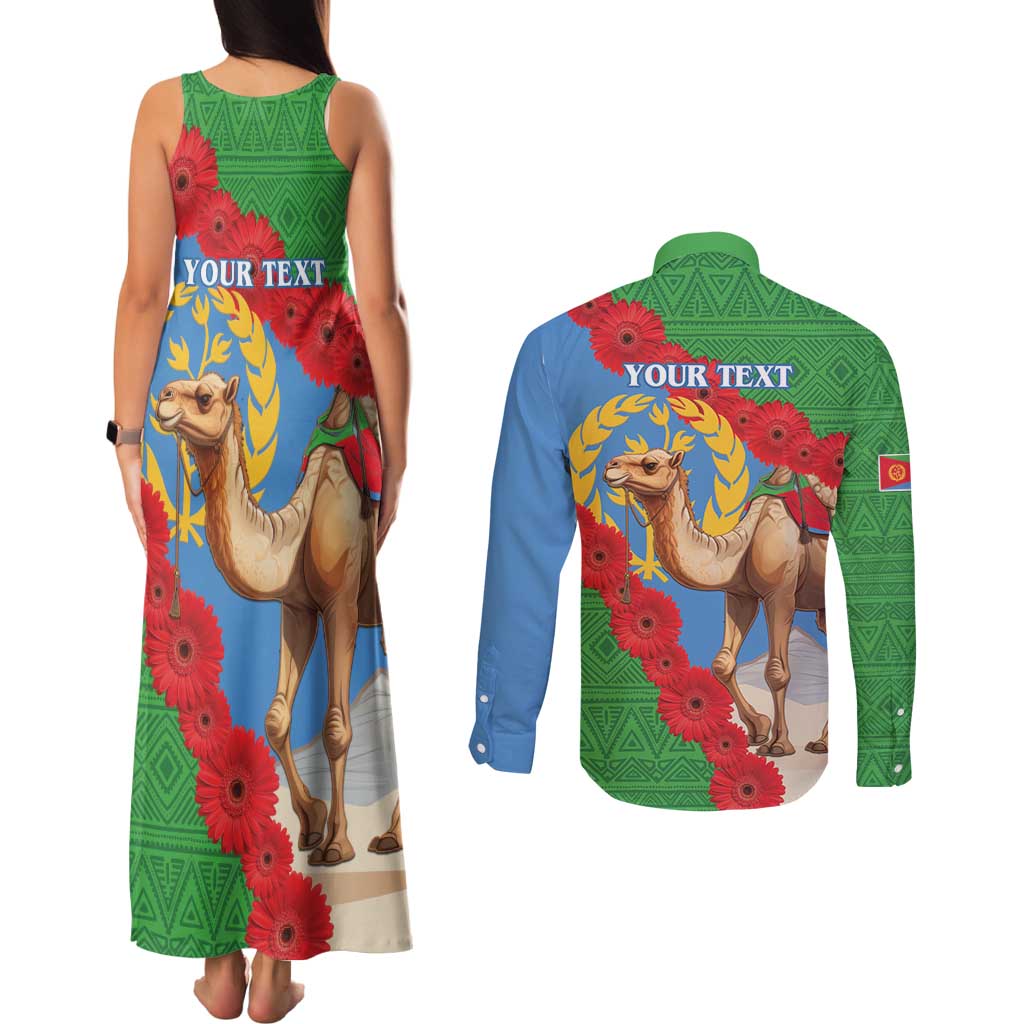 Personalised Eritrea Arabian Camel Couples Matching Tank Maxi Dress and Long Sleeve Button Shirt Gerbera Flower Flag Color - Wonder Print Shop
