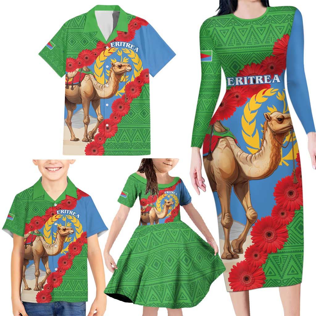 Personalised Eritrea Arabian Camel Family Matching Long Sleeve Bodycon Dress and Hawaiian Shirt Gerbera Flower Flag Color - Wonder Print Shop