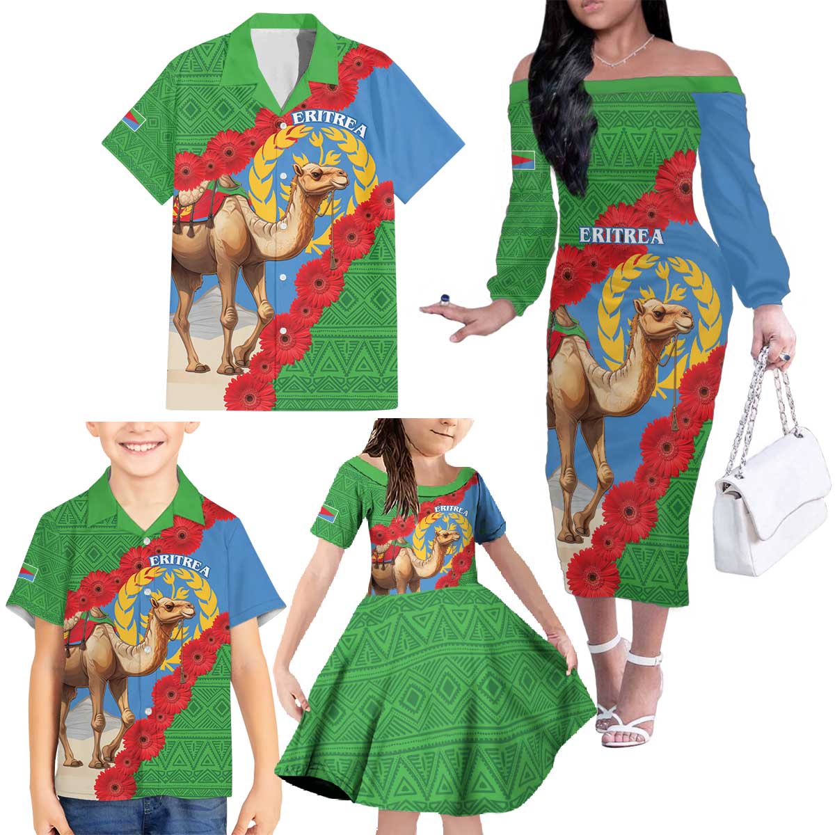 Personalised Eritrea Arabian Camel Family Matching Off The Shoulder Long Sleeve Dress and Hawaiian Shirt Gerbera Flower Flag Color - Wonder Print Shop