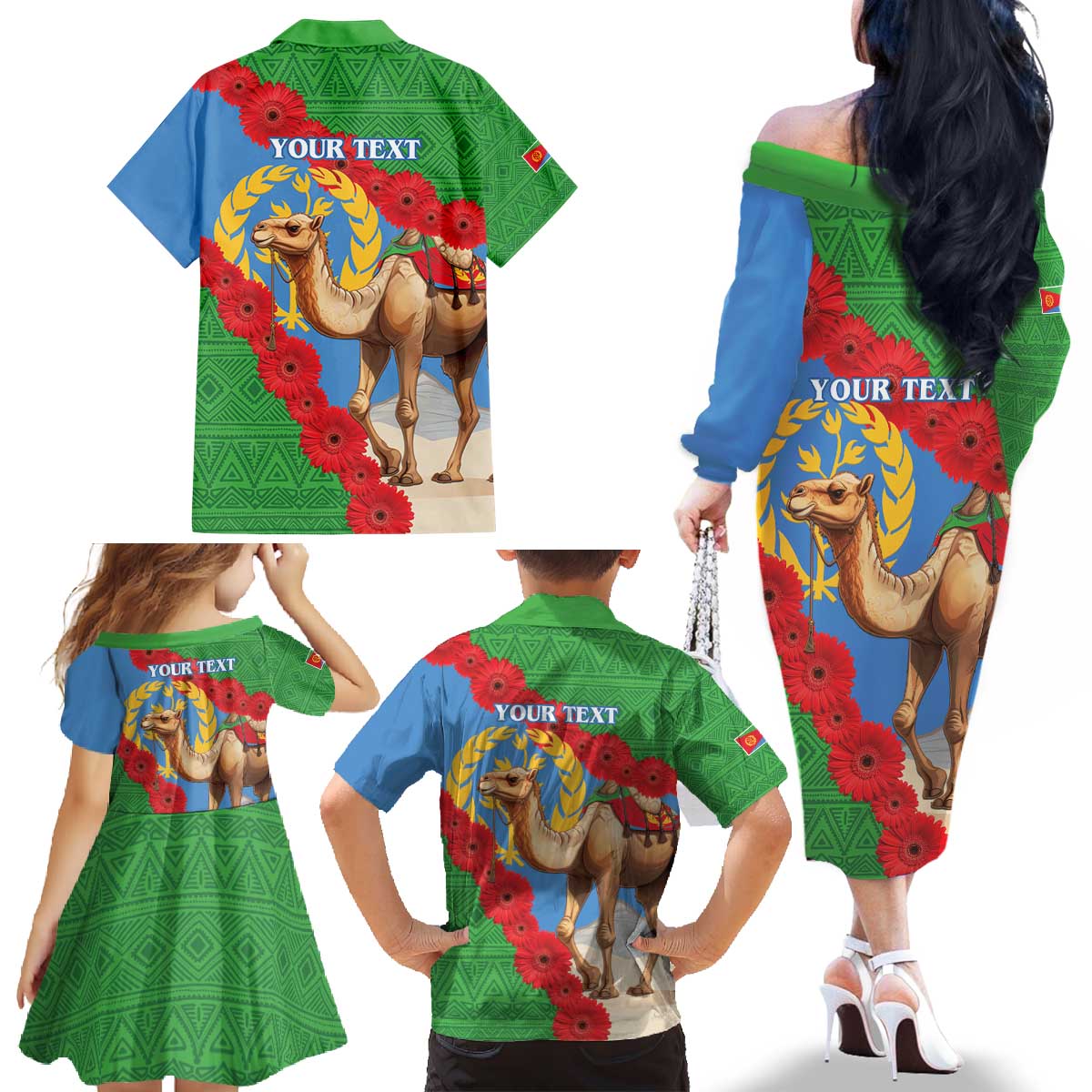 Personalised Eritrea Arabian Camel Family Matching Off The Shoulder Long Sleeve Dress and Hawaiian Shirt Gerbera Flower Flag Color - Wonder Print Shop