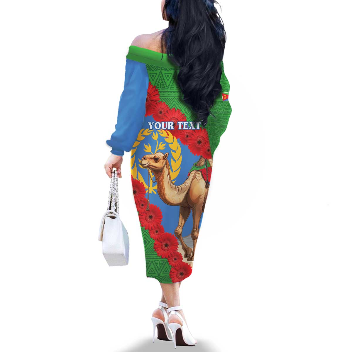 Personalised Eritrea Arabian Camel Family Matching Off The Shoulder Long Sleeve Dress and Hawaiian Shirt Gerbera Flower Flag Color - Wonder Print Shop
