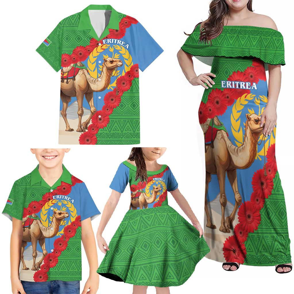 Personalised Eritrea Arabian Camel Family Matching Off Shoulder Maxi Dress and Hawaiian Shirt Gerbera Flower Flag Color - Wonder Print Shop
