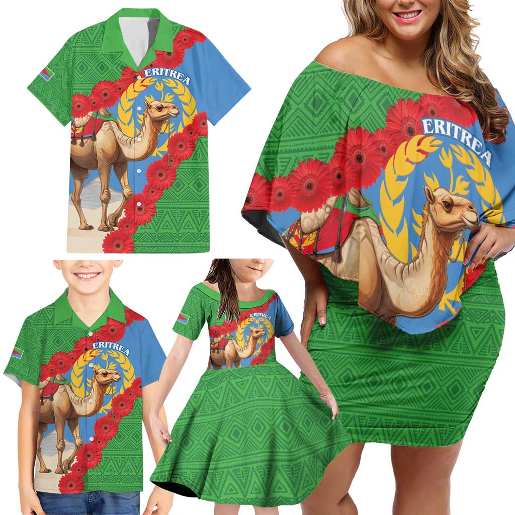 Personalised Eritrea Arabian Camel Family Matching Off Shoulder Short Dress and Hawaiian Shirt Gerbera Flower Flag Color - Wonder Print Shop