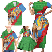 Personalised Eritrea Arabian Camel Family Matching Short Sleeve Bodycon Dress and Hawaiian Shirt Gerbera Flower Flag Color - Wonder Print Shop