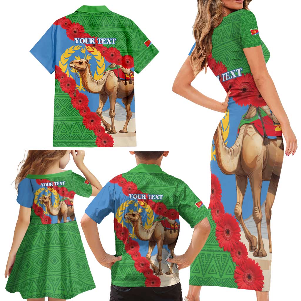 Personalised Eritrea Arabian Camel Family Matching Short Sleeve Bodycon Dress and Hawaiian Shirt Gerbera Flower Flag Color - Wonder Print Shop