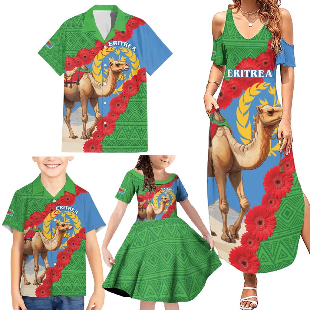 Personalised Eritrea Arabian Camel Family Matching Summer Maxi Dress and Hawaiian Shirt Gerbera Flower Flag Color - Wonder Print Shop