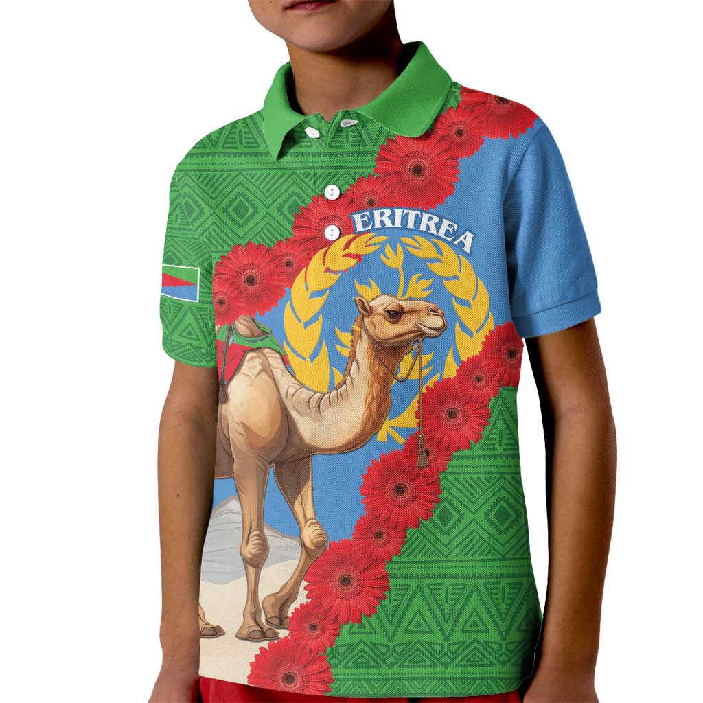 Personalised Eritrea Arabian Camel Kid Polo Shirt Gerbera Flower Flag Color - Wonder Print Shop