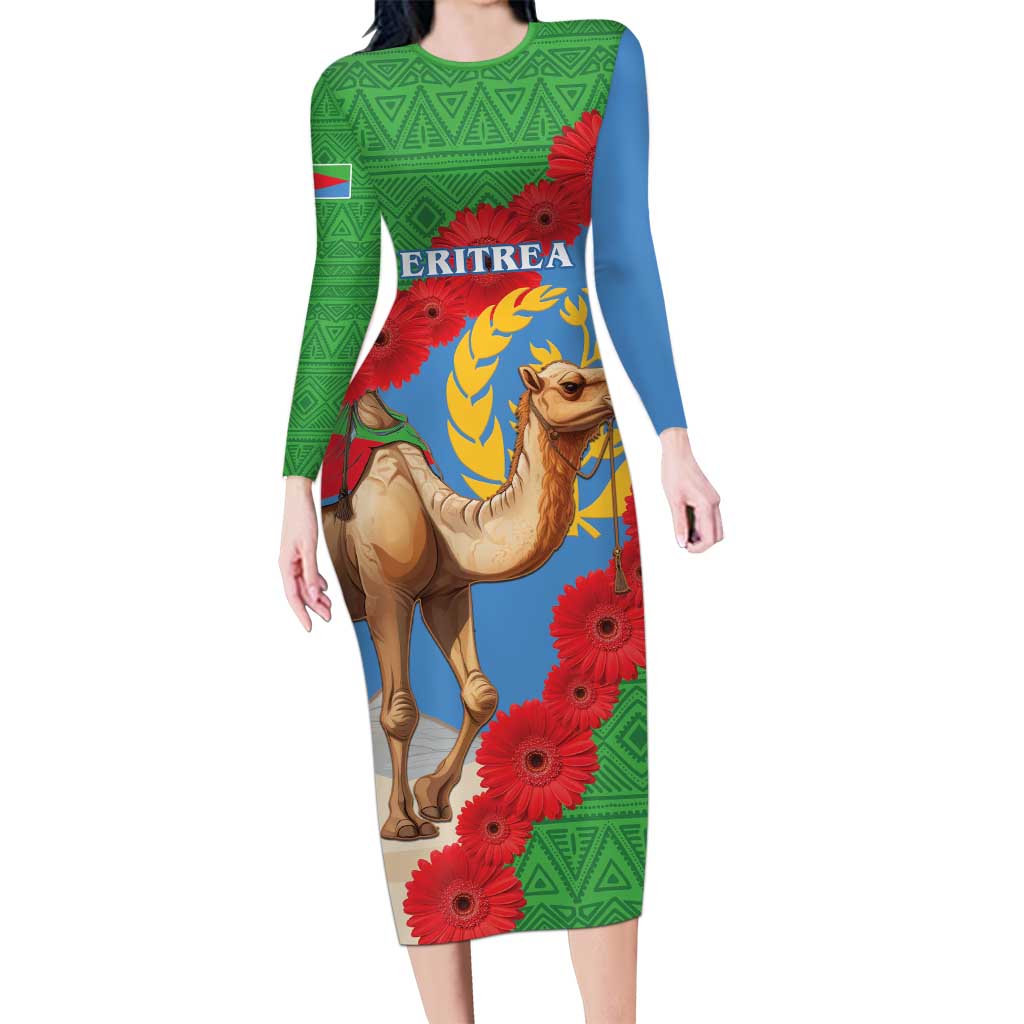 Personalised Eritrea Arabian Camel Long Sleeve Bodycon Dress Gerbera Flower Flag Color - Wonder Print Shop