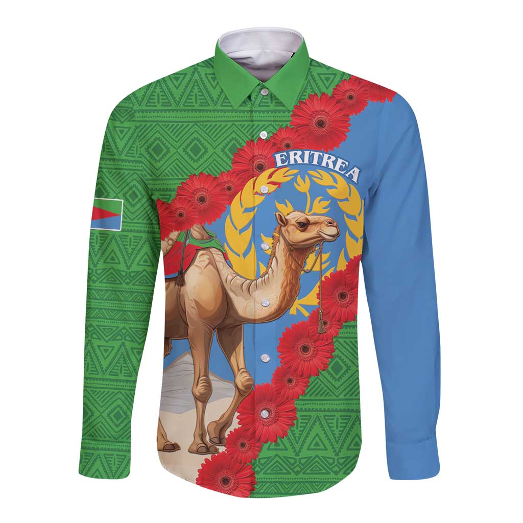 Personalised Eritrea Arabian Camel Long Sleeve Button Shirt Gerbera Flower Flag Color - Wonder Print Shop