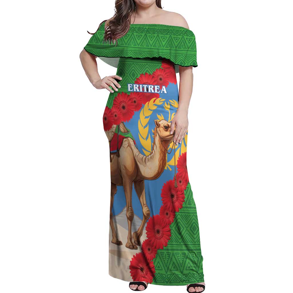 Personalised Eritrea Arabian Camel Off Shoulder Maxi Dress Gerbera Flower Flag Color - Wonder Print Shop