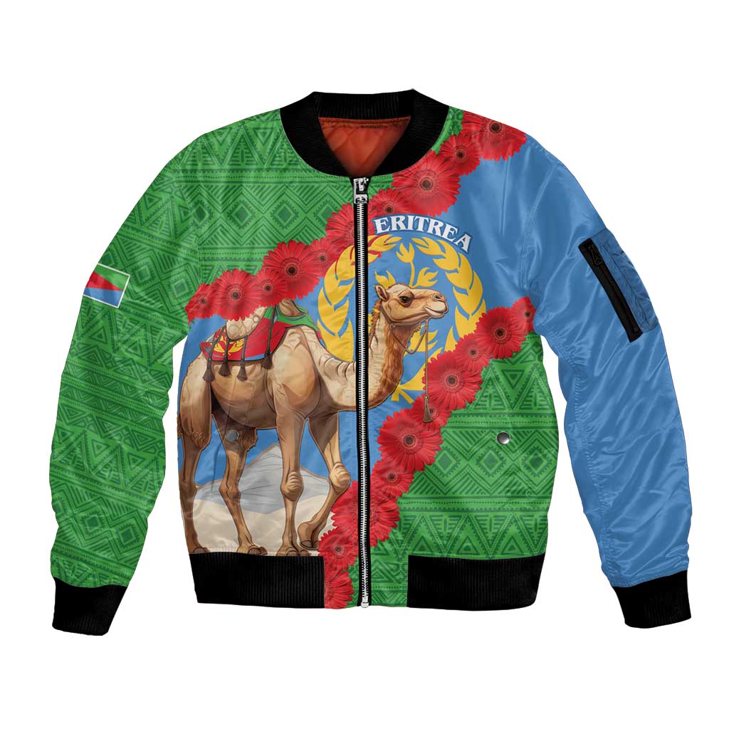 Personalised Eritrea Arabian Camel Sleeve Zip Bomber Jacket Gerbera Flower Flag Color - Wonder Print Shop