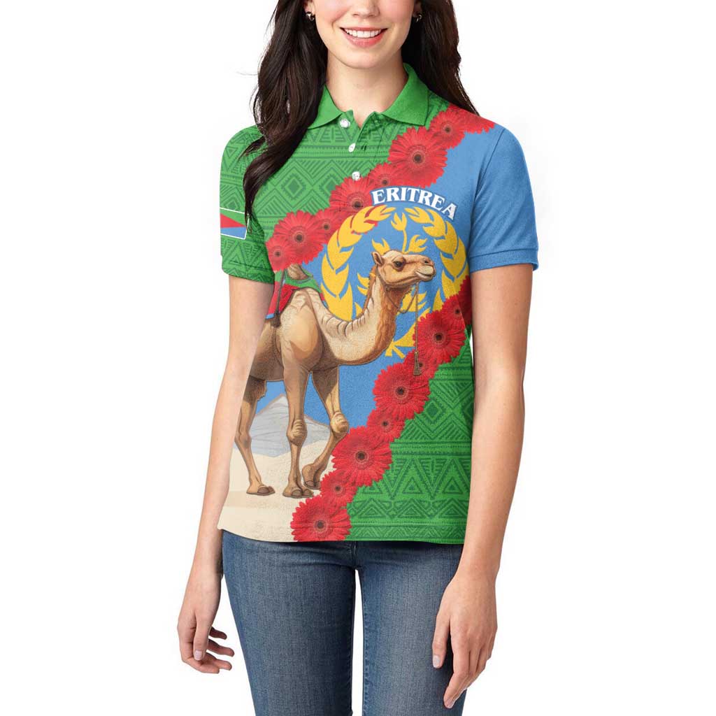 Personalised Eritrea Arabian Camel Women Polo Shirt Gerbera Flower Flag Color - Wonder Print Shop