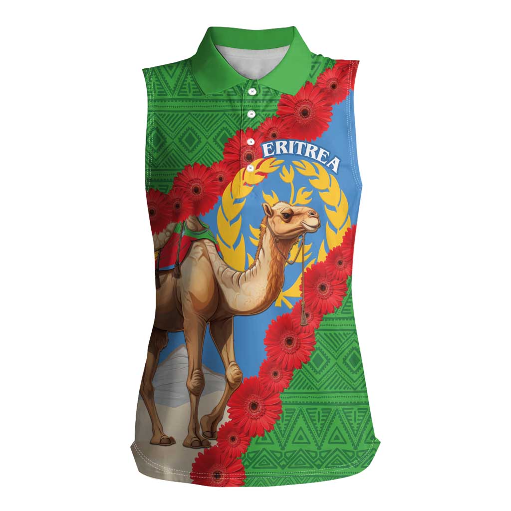 Personalised Eritrea Arabian Camel Women Sleeveless Polo Shirt Gerbera Flower Flag Color - Wonder Print Shop