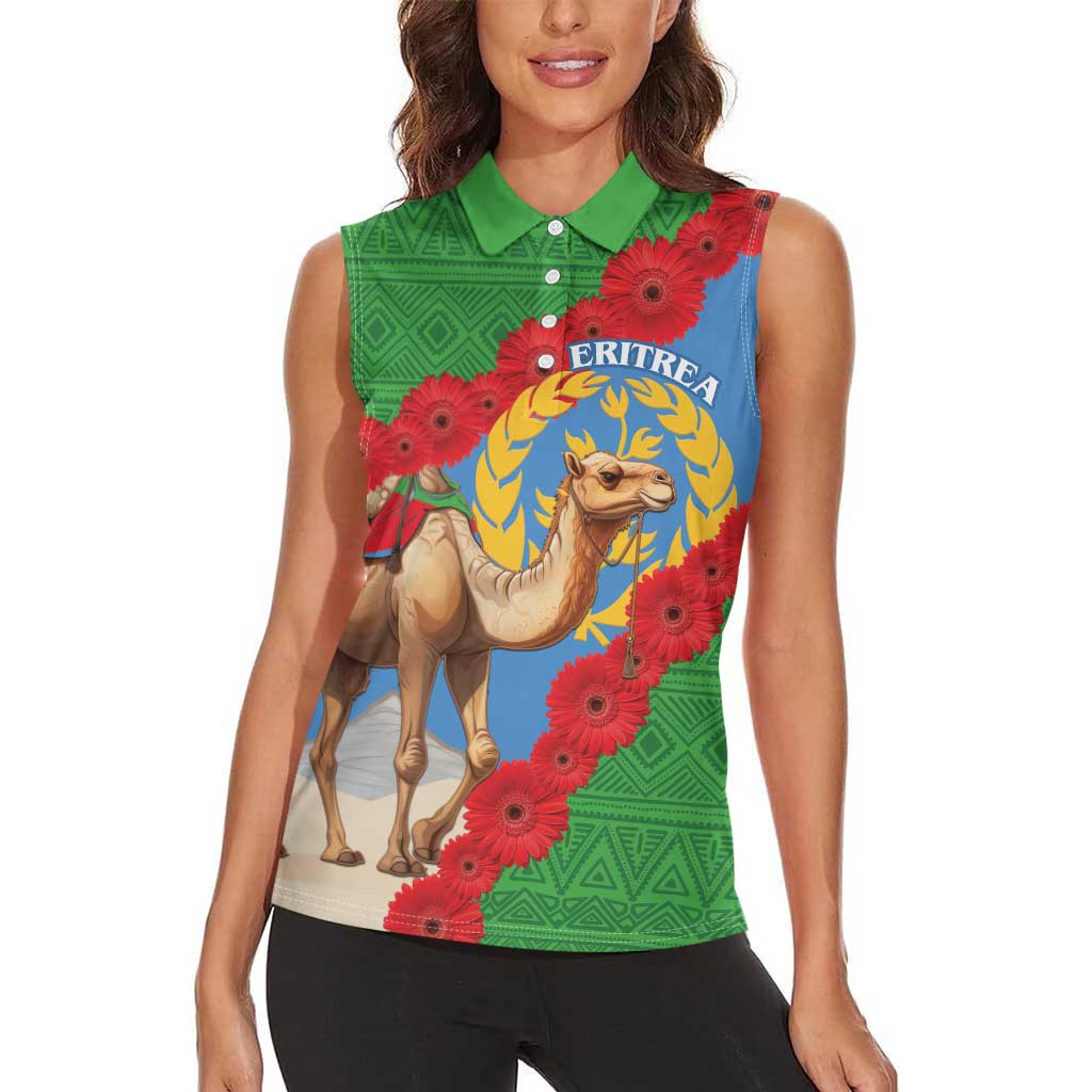 Personalised Eritrea Arabian Camel Women Sleeveless Polo Shirt Gerbera Flower Flag Color - Wonder Print Shop