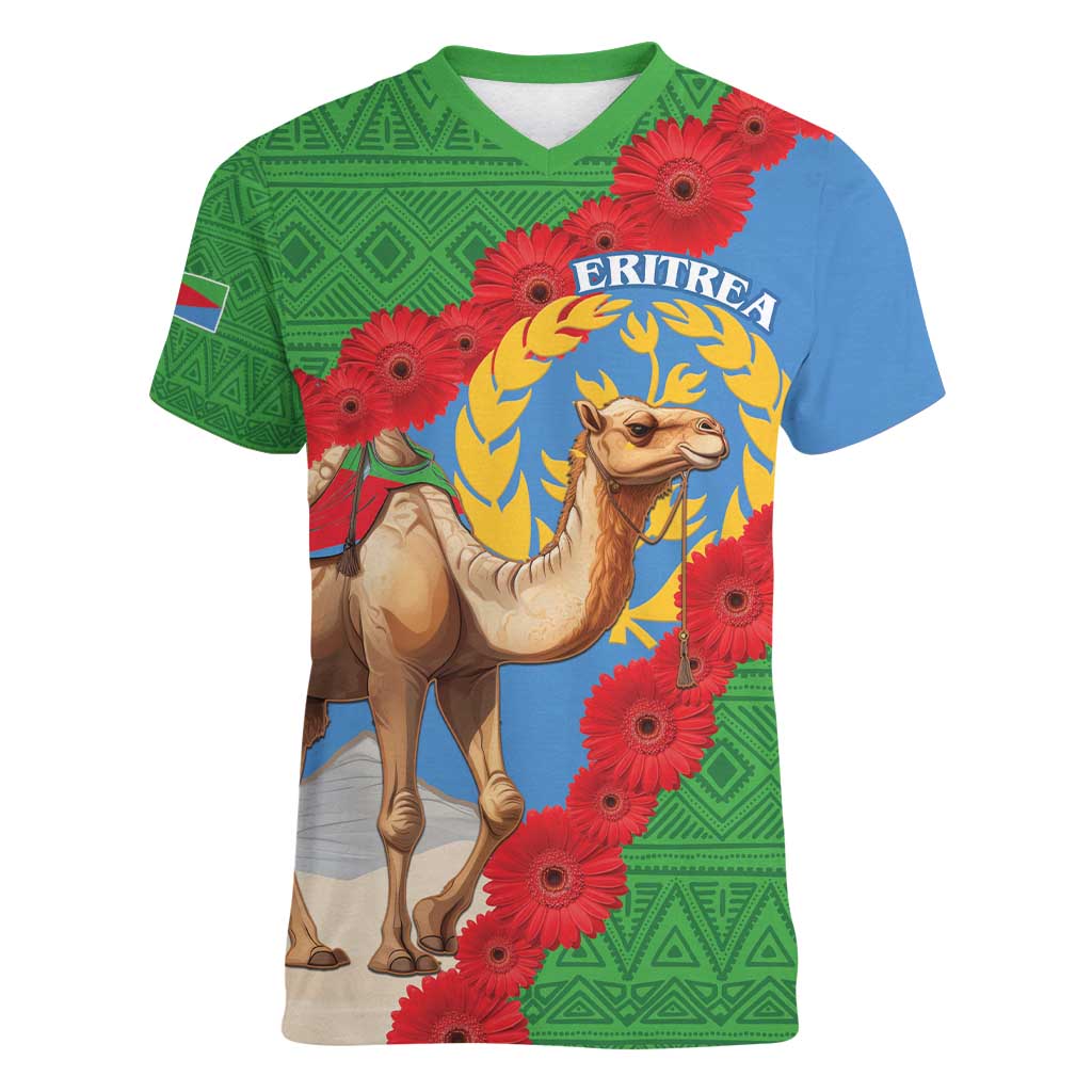 Personalised Eritrea Arabian Camel Women V-Neck T-Shirt Gerbera Flower Flag Color - Wonder Print Shop