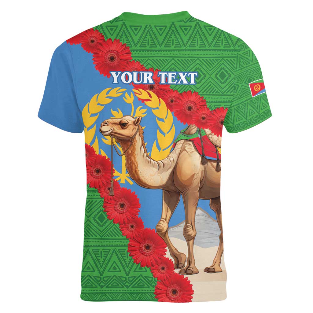 Personalised Eritrea Arabian Camel Women V-Neck T-Shirt Gerbera Flower Flag Color - Wonder Print Shop
