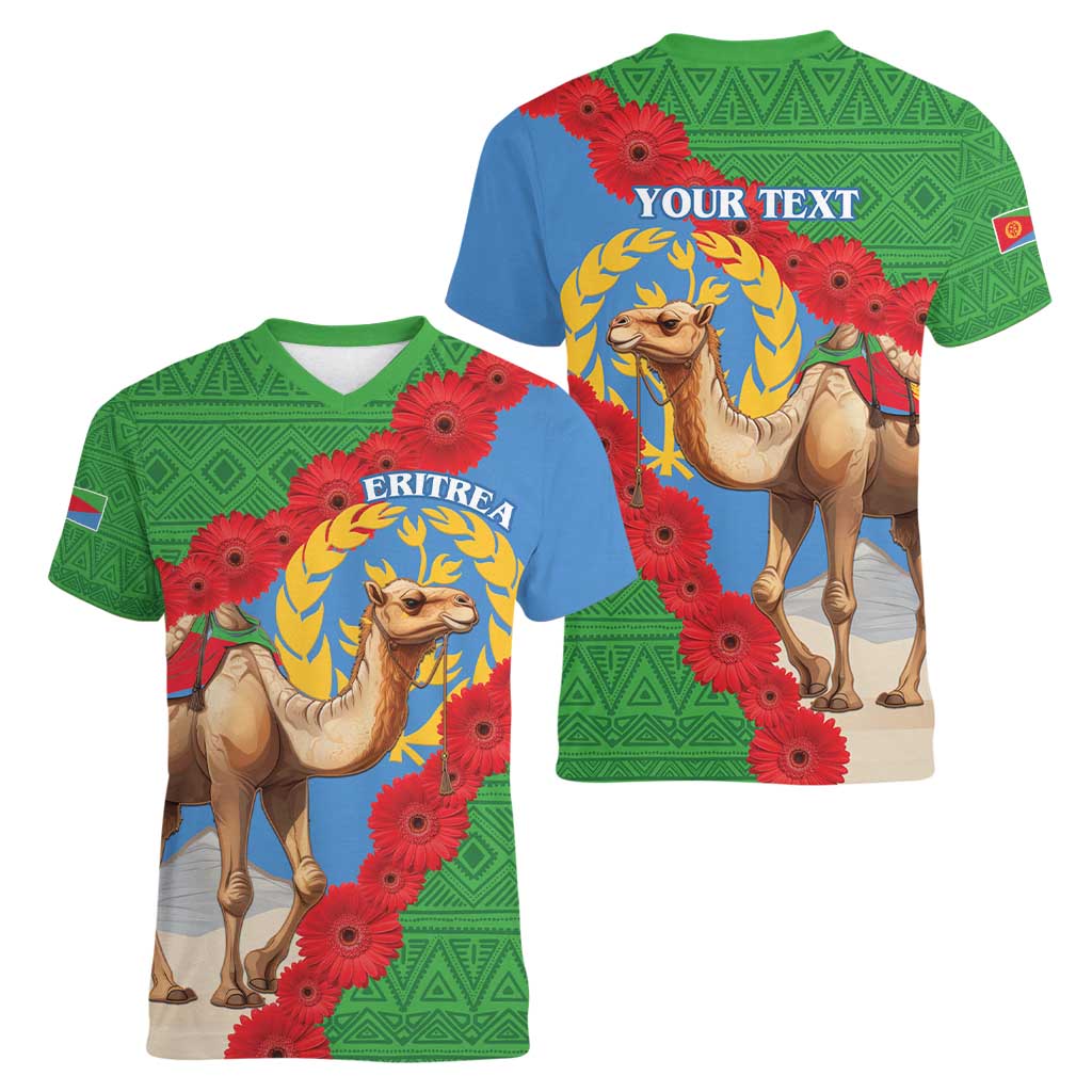Personalised Eritrea Arabian Camel Women V-Neck T-Shirt Gerbera Flower Flag Color - Wonder Print Shop