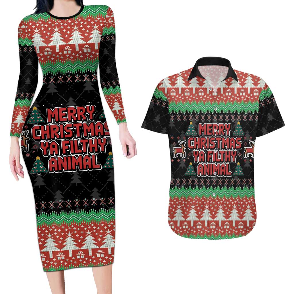 Merry Christmas Ya Filthy Animal Couples Matching Long Sleeve Bodycon Dress and Hawaiian Shirt Retro Christmas Humor - Wonder Print Shop