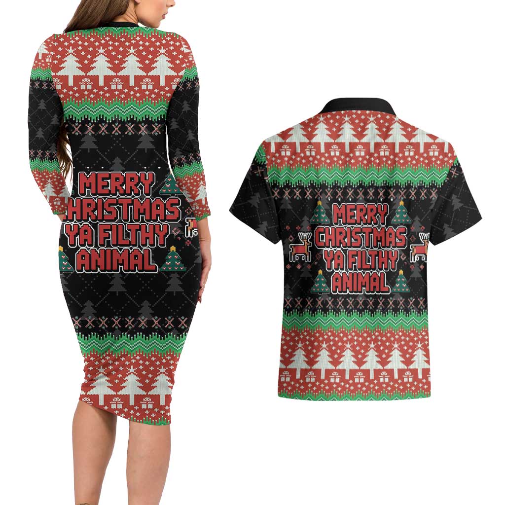 Merry Christmas Ya Filthy Animal Couples Matching Long Sleeve Bodycon Dress and Hawaiian Shirt Retro Christmas Humor - Wonder Print Shop