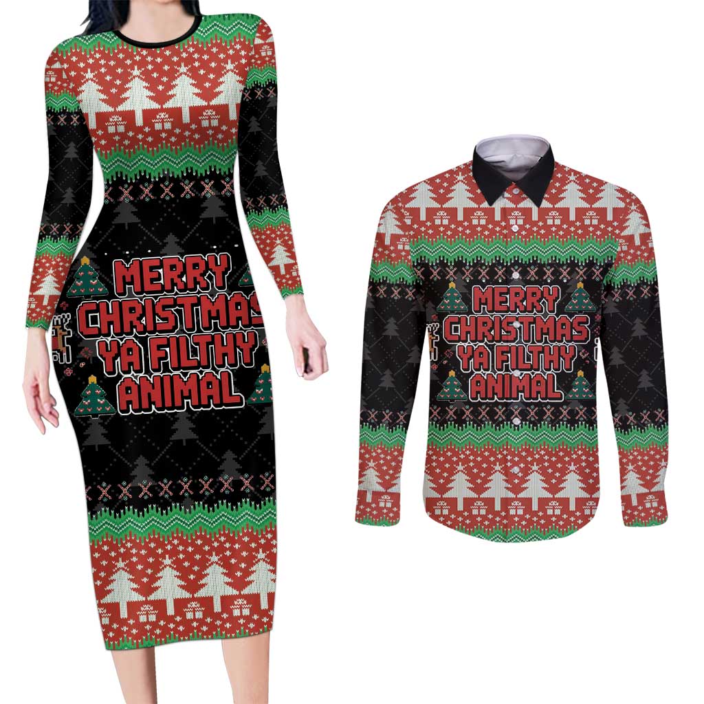 Merry Christmas Ya Filthy Animal Couples Matching Long Sleeve Bodycon Dress and Long Sleeve Button Shirt Retro Christmas Humor - Wonder Print Shop