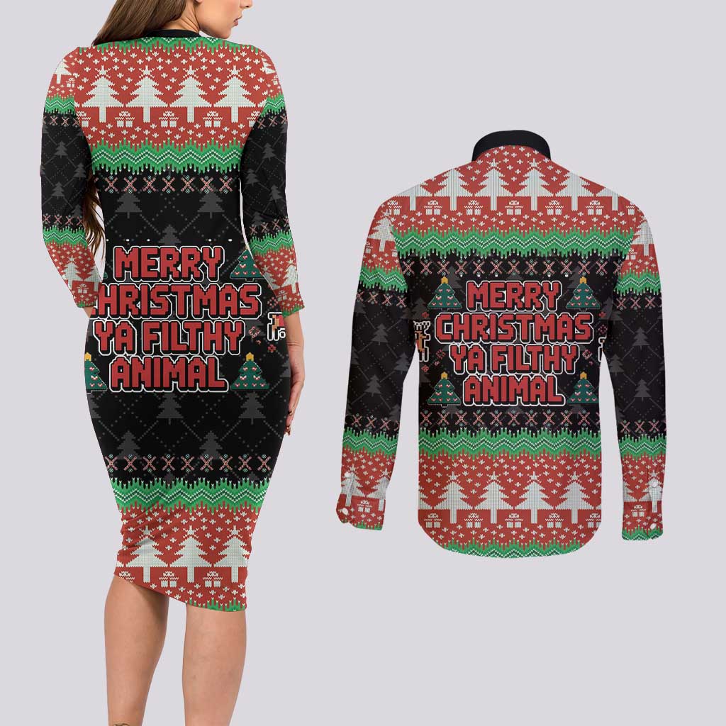 Merry Christmas Ya Filthy Animal Couples Matching Long Sleeve Bodycon Dress and Long Sleeve Button Shirt Retro Christmas Humor - Wonder Print Shop