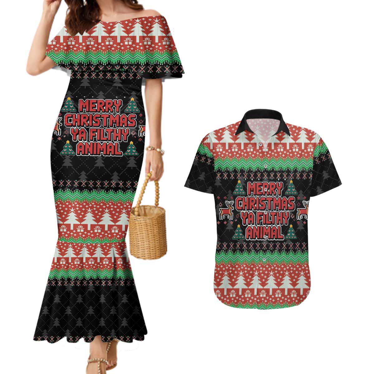 Merry Christmas Ya Filthy Animal Couples Matching Mermaid Dress and Hawaiian Shirt Retro Christmas Humor - Wonder Print Shop